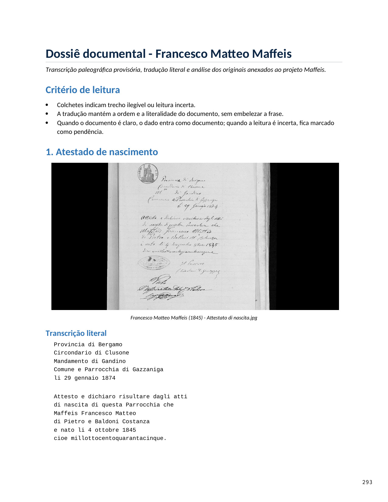Francesco Matteo Maffeis — atestado de nascimento