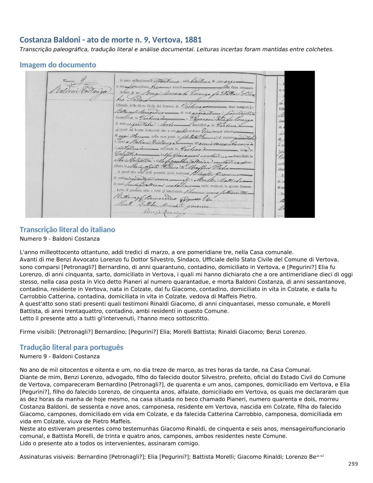 Costanza Baldoni — óbito nº 9, imagem, transcrição e tradução