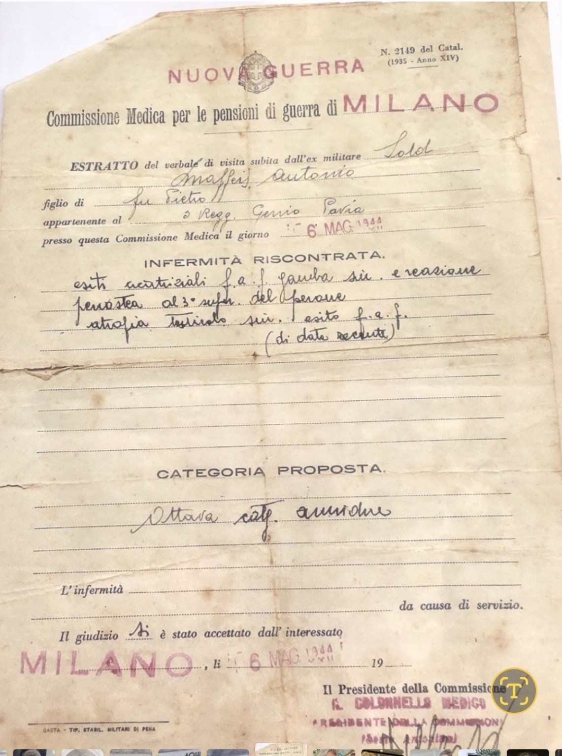 Antonio Matteo Maffeis — avaliação médico-militar de 6 de maio de 1944