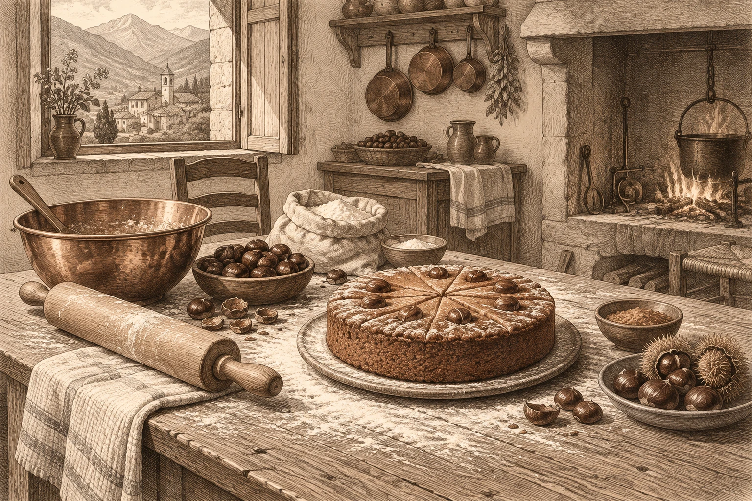 Bolo de castanhas, rolo e tigela em uma mesa de confeitaria imaginada.