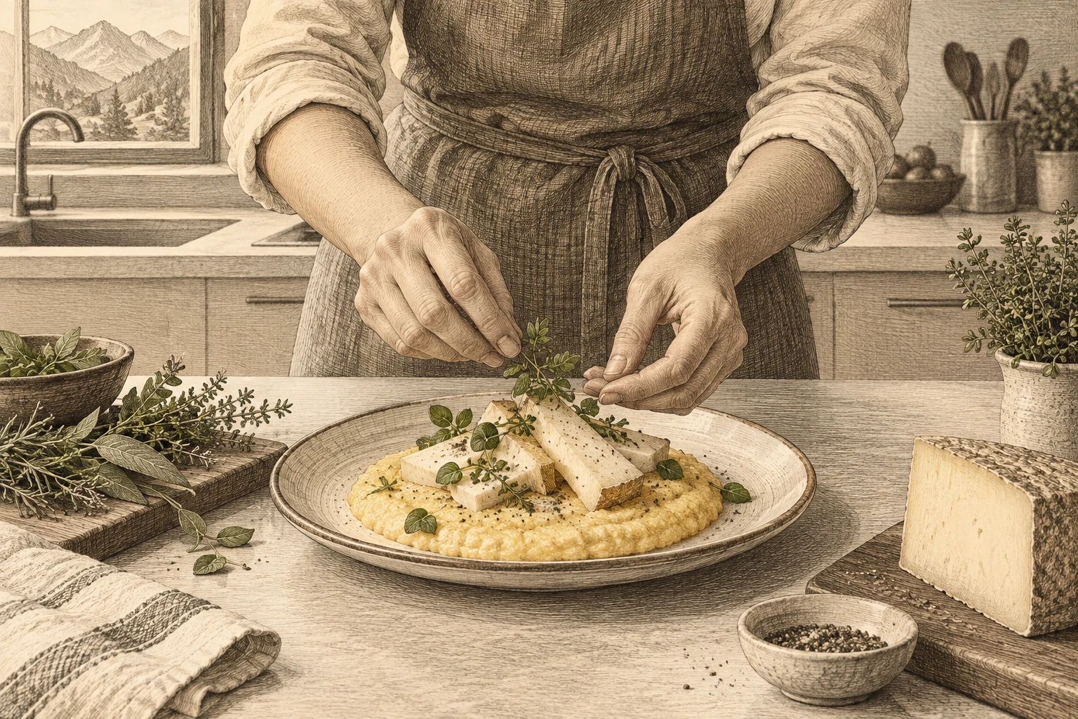 Mãos preparando um prato com polenta, ervas e queijo, em cena imaginada.