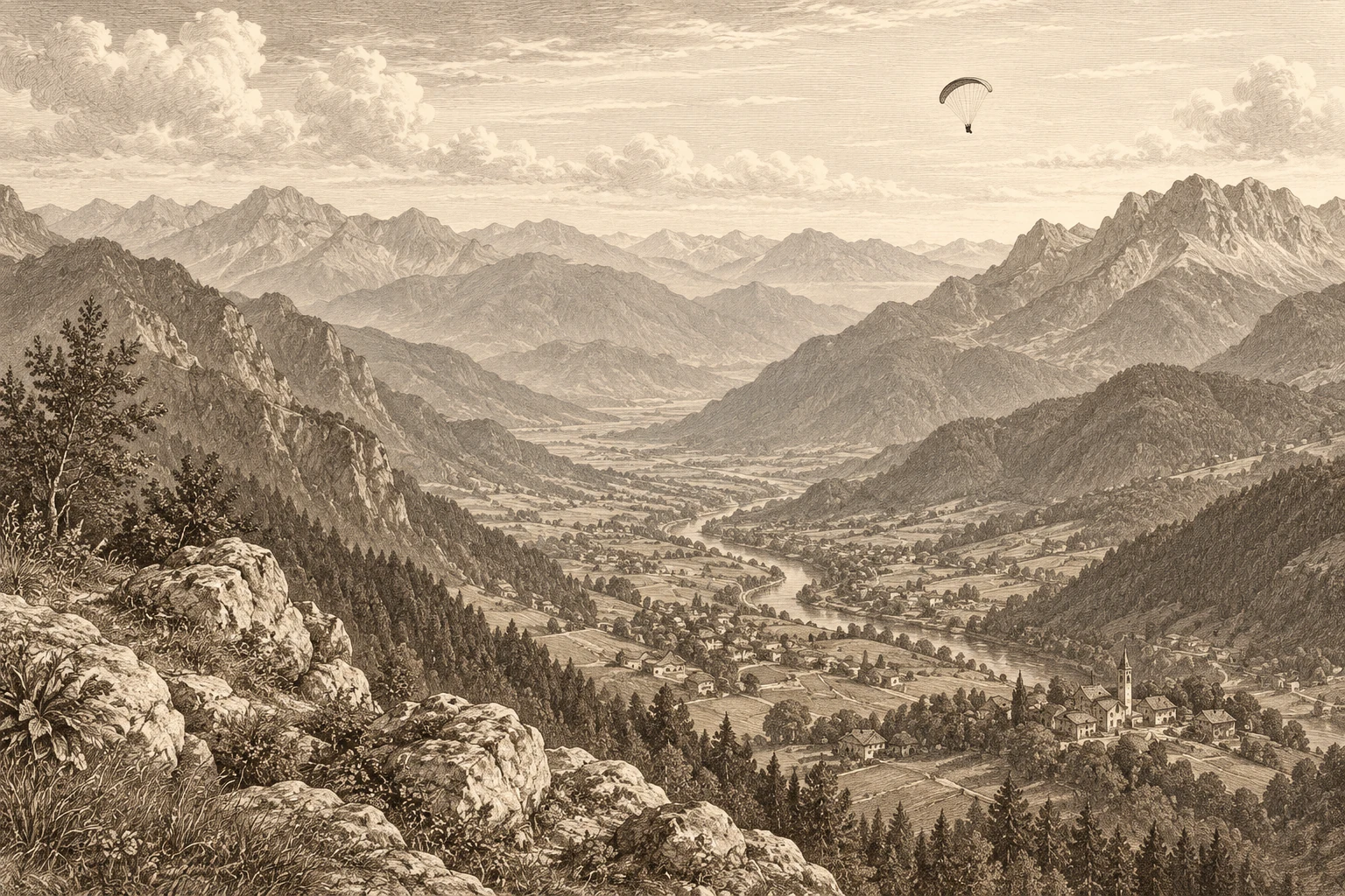 Vista aérea de um vale alpino imaginado, com um parapente distante.
