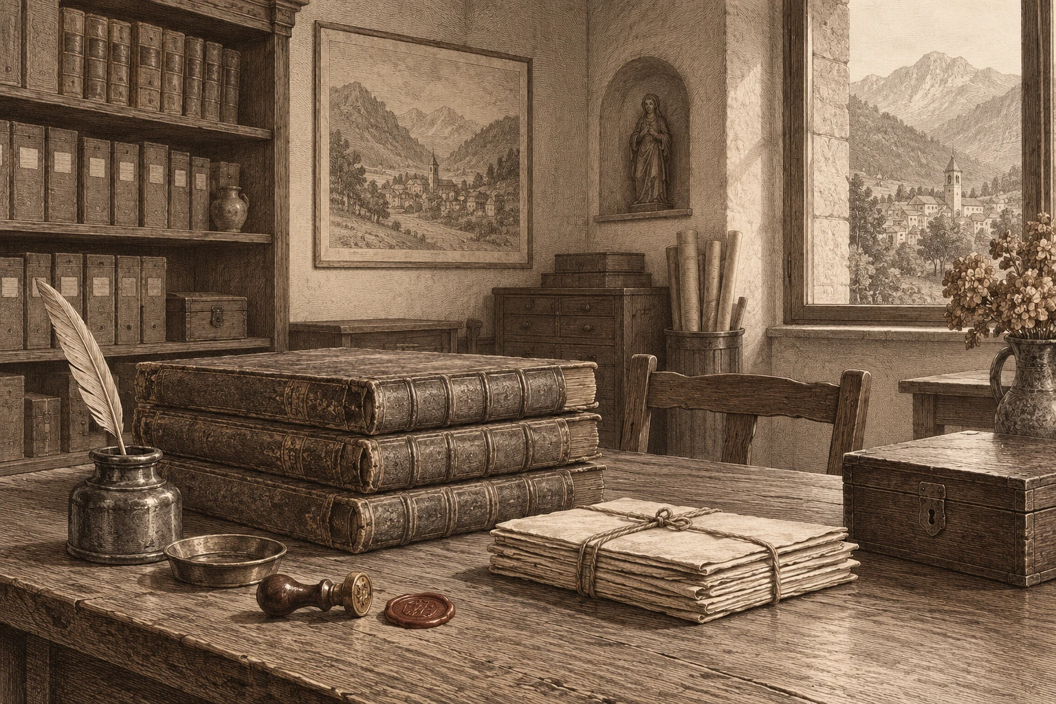 Livros de registro e papéis sobre uma mesa de arquivo imaginada.