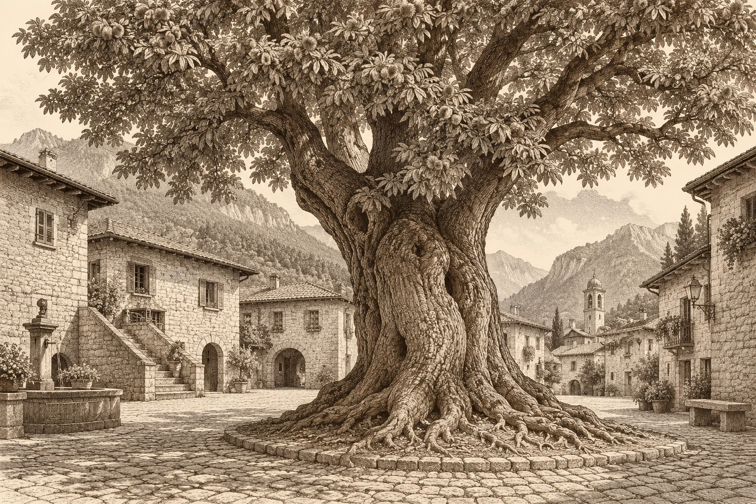 Castanheiro e casas de uma aldeia alpina imaginada.